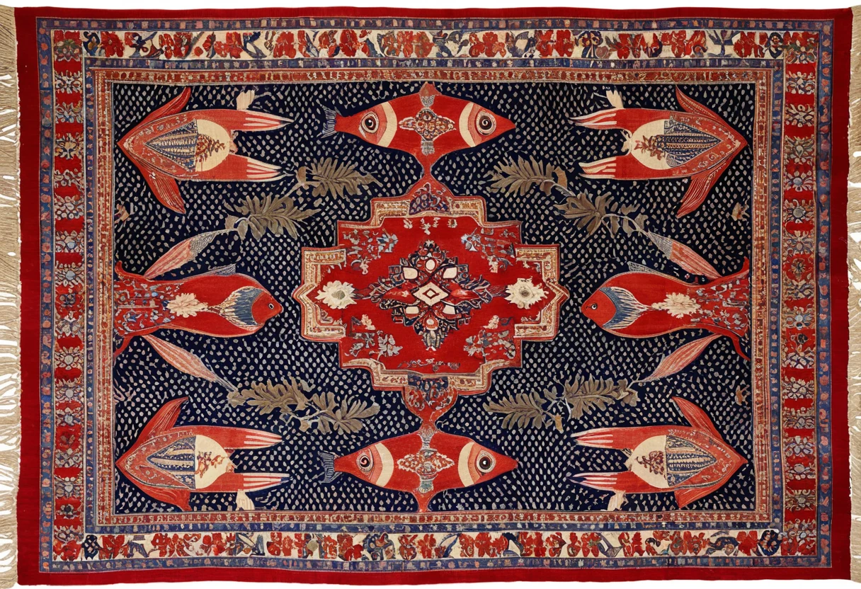 Persian garden carpet seen from above with its field divided into quadrants by woven water channels