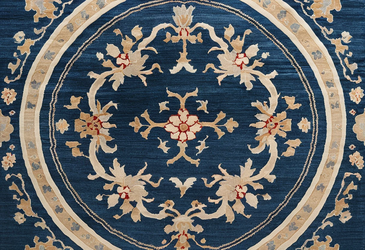 Chinese style carpet detail with a central shou medallion, cloud bands and tone-on-tone blue field