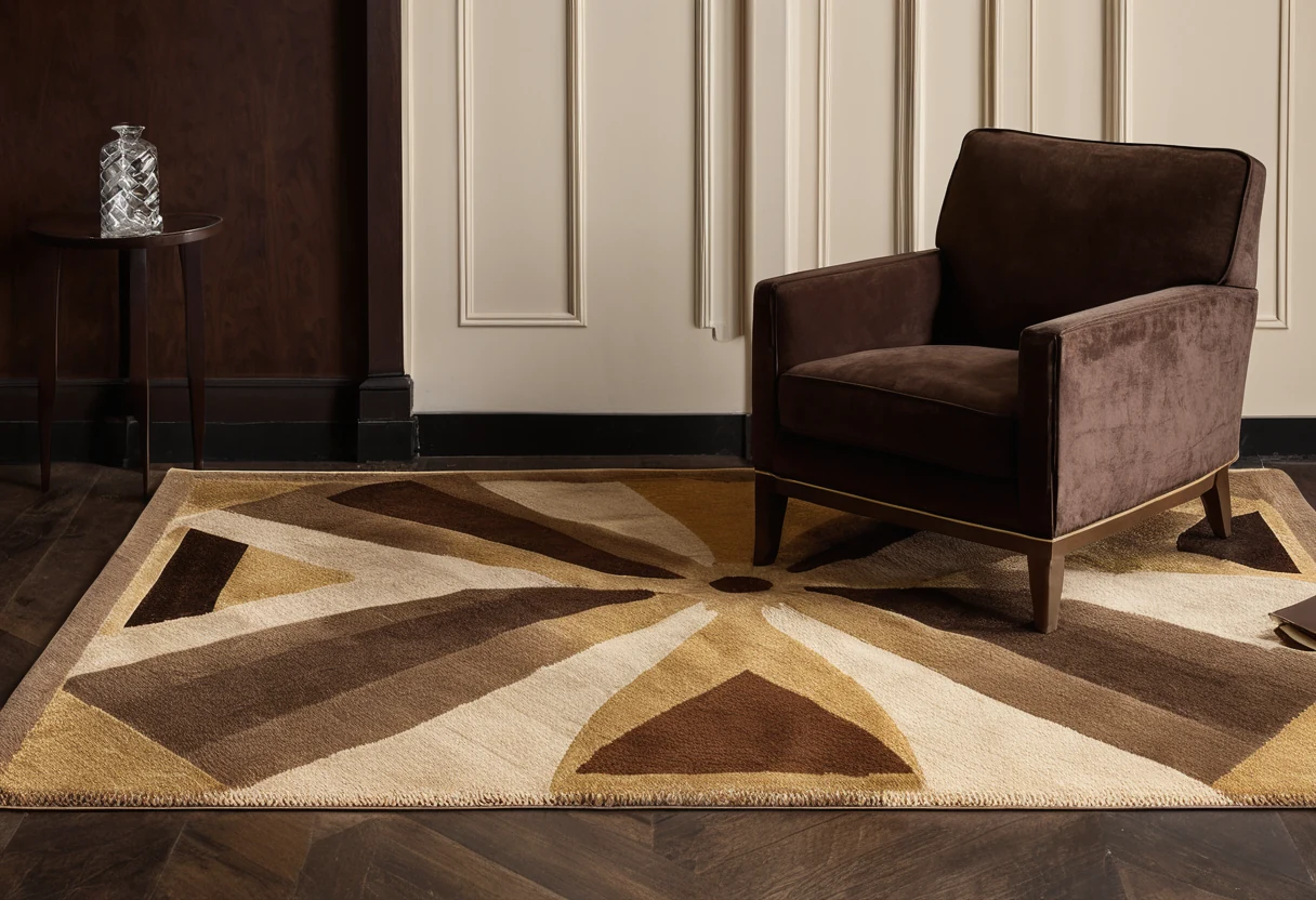 Art Deco style rug with stepped geometric pattern and sunburst corner in a classic modern interior