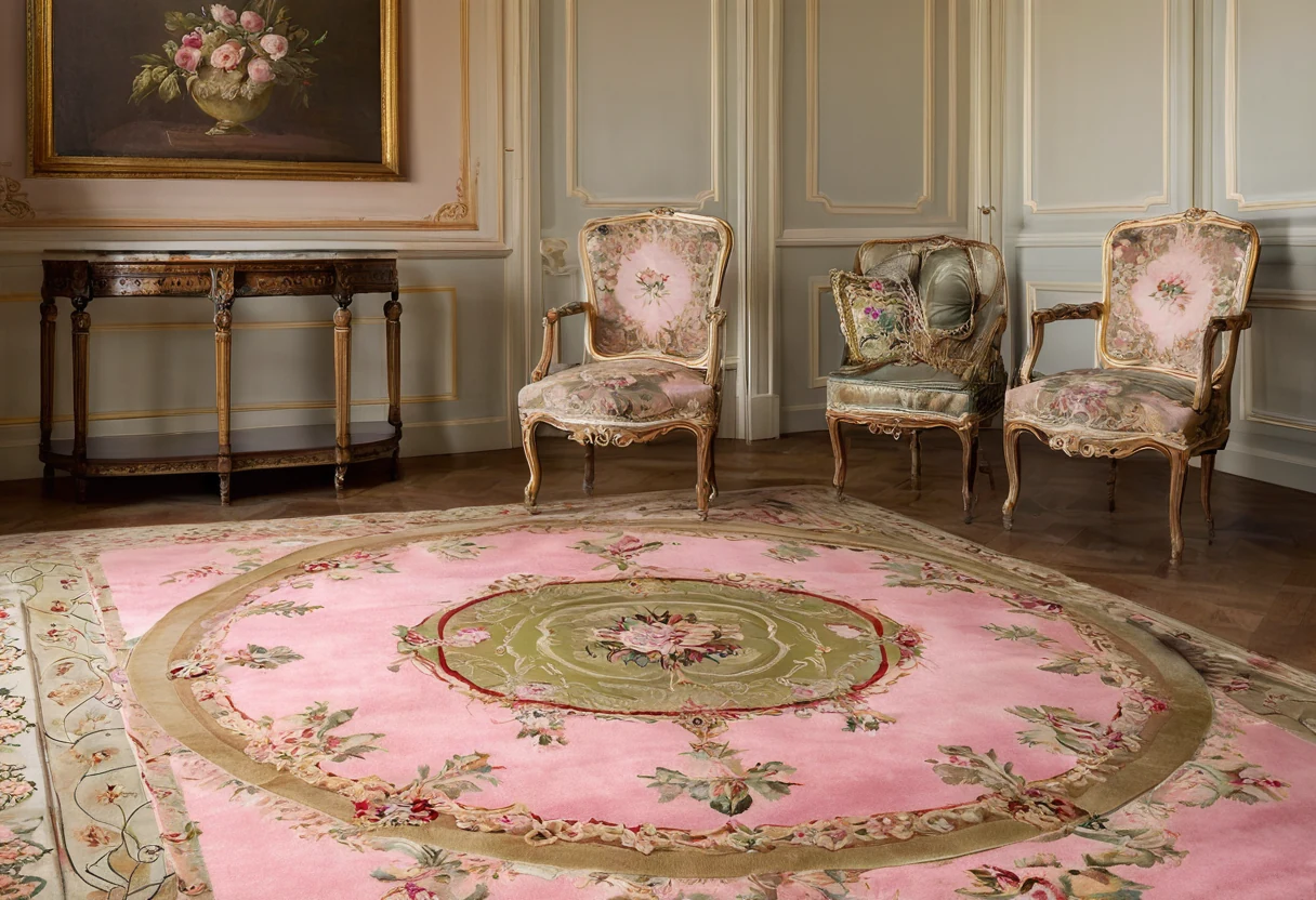 Savonnerie style carpet with floral medallion, acanthus scrolls and architectural border in a French salon